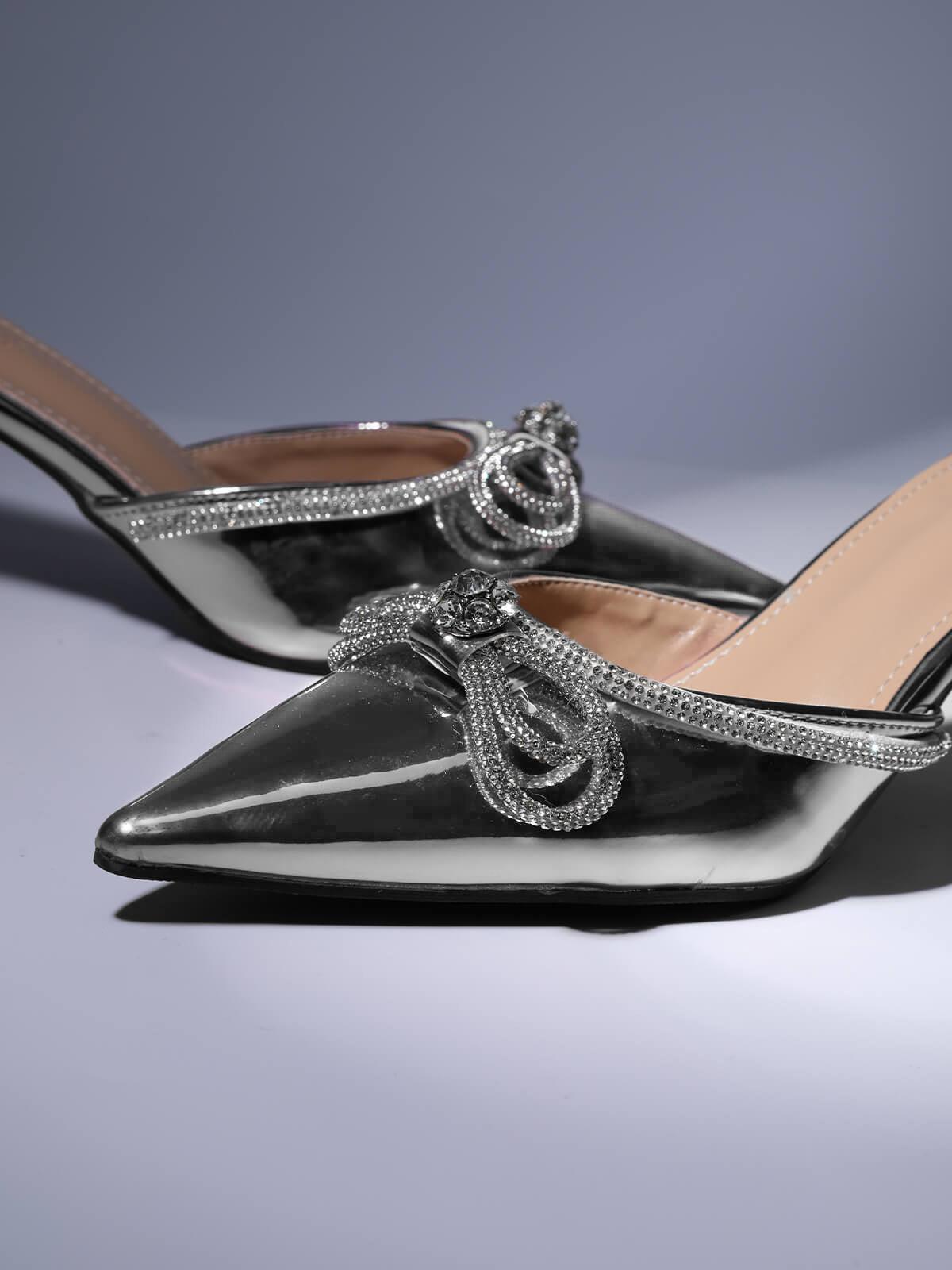 Asteria Bow Crystal Embellished Mules In Silver-Mix MIx Style