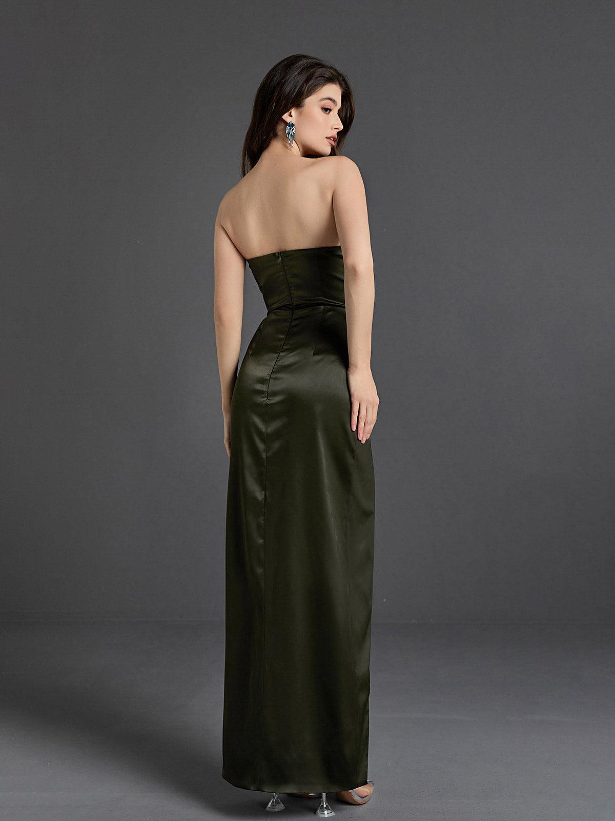 Black Strapless Satin Split Maxi Dress | Mix Mix Style [Hot Seller]-Mix MIx Style
