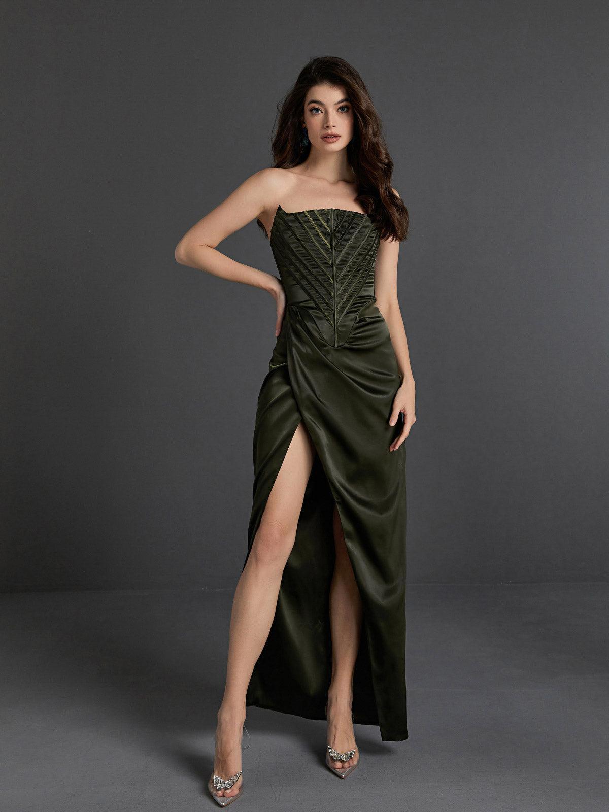 Black Strapless Satin Split Maxi Dress | Mix Mix Style [Hot Seller]-Mix MIx Style