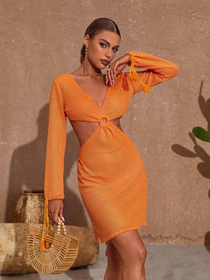 V Neck Cutout Knitted Mini Dress In Orange | Mix Mix Style [Hot Seller]-Mix MIx Style