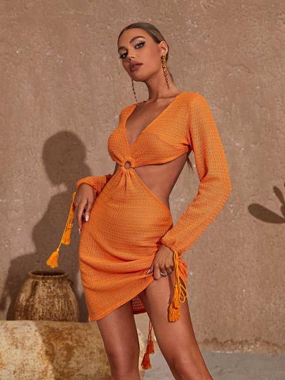 V Neck Cutout Knitted Mini Dress In Orange | Mix Mix Style [Hot Seller]-Mix MIx Style