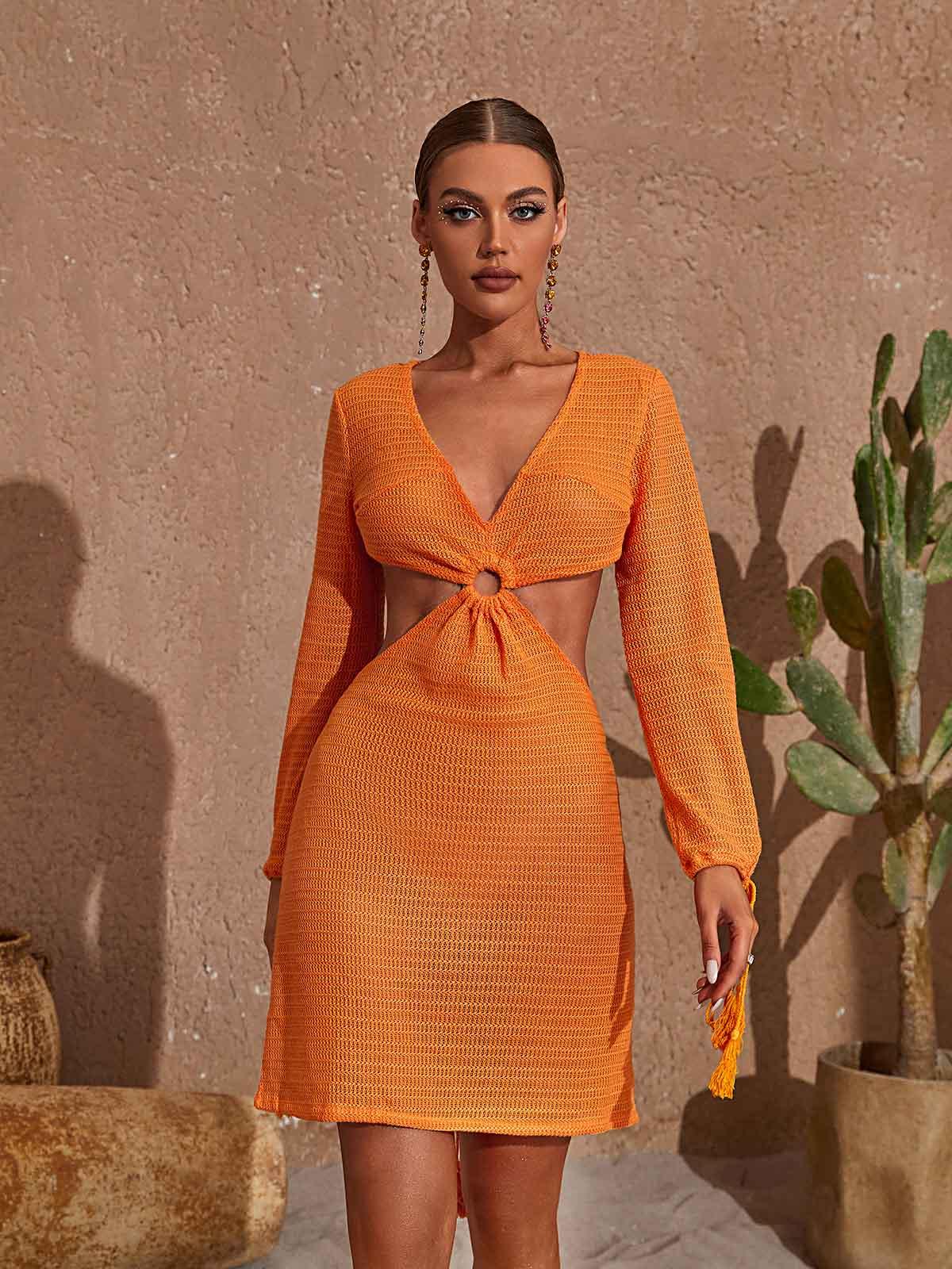 V Neck Cutout Knitted Mini Dress In Orange | Mix Mix Style [Hot Seller]-Mix MIx Style