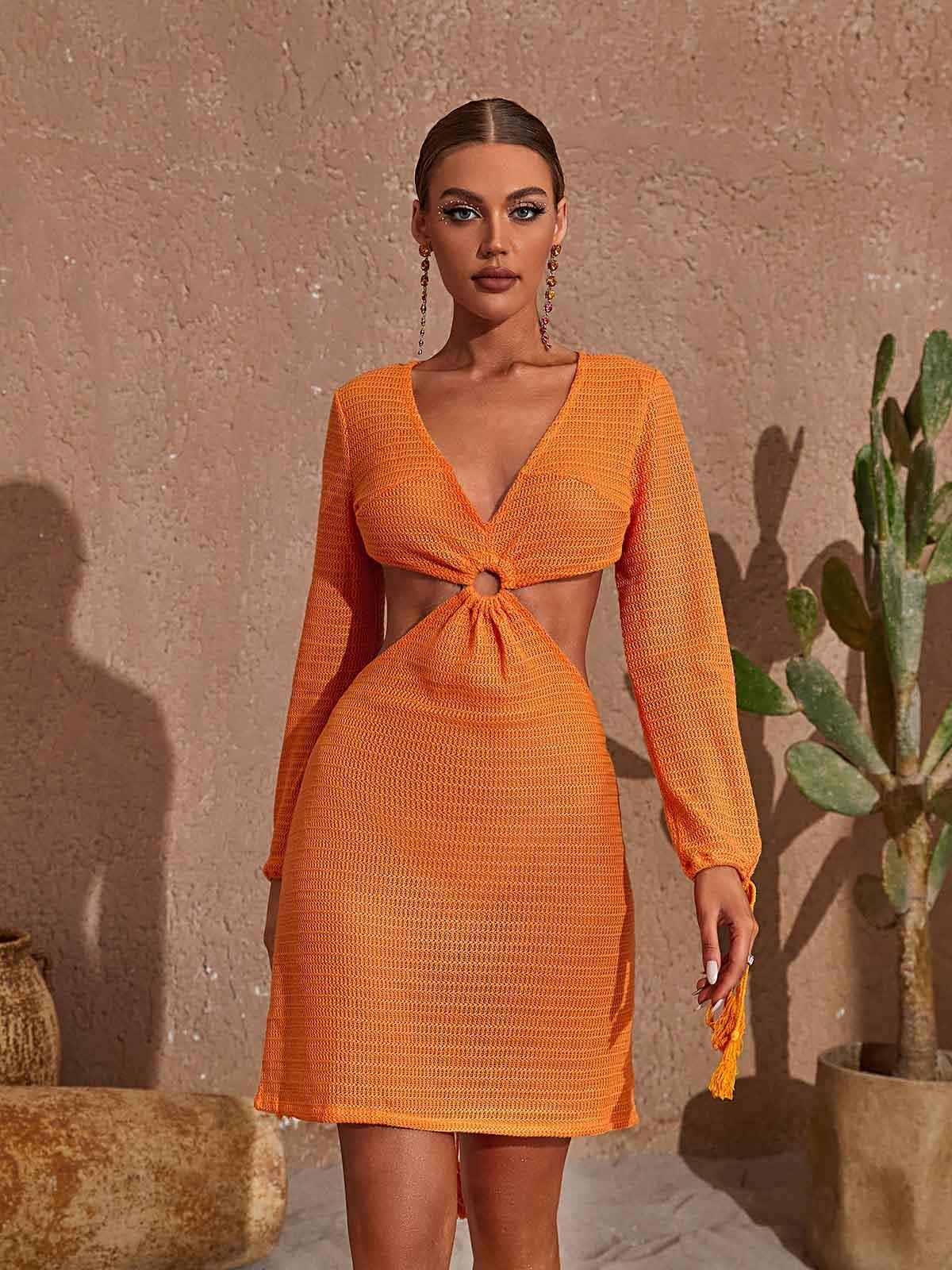 V Neck Cutout Knitted Mini Dress In Orange | Mix Mix Style [Hot Seller]-Mix MIx Style