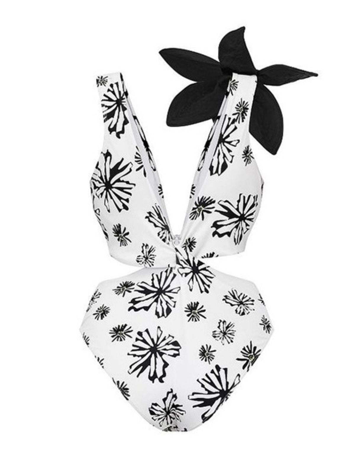 White V-Neck Flower Cutout One Piece Swimsuit | Mix Mix Style-Mix MIx Style