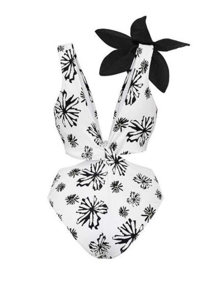 White V-Neck Flower Cutout One Piece Swimsuit | Mix Mix Style-Mix MIx Style