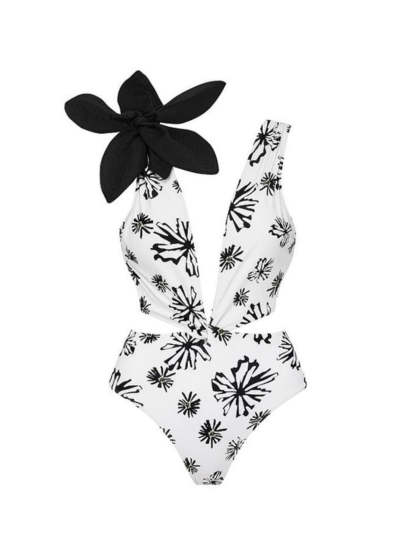White V-Neck Flower Cutout One Piece Swimsuit | Mix Mix Style-Mix MIx Style