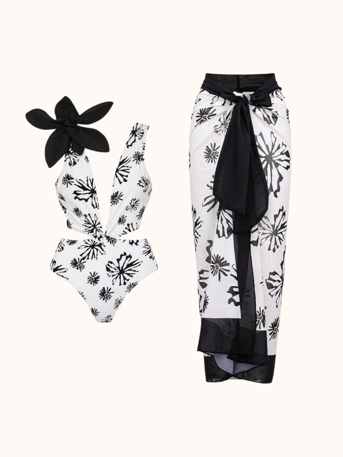 Black & White Flower Cutout Swimwear Two Piece Set | Mix Mix Style-Mix MIx Style
