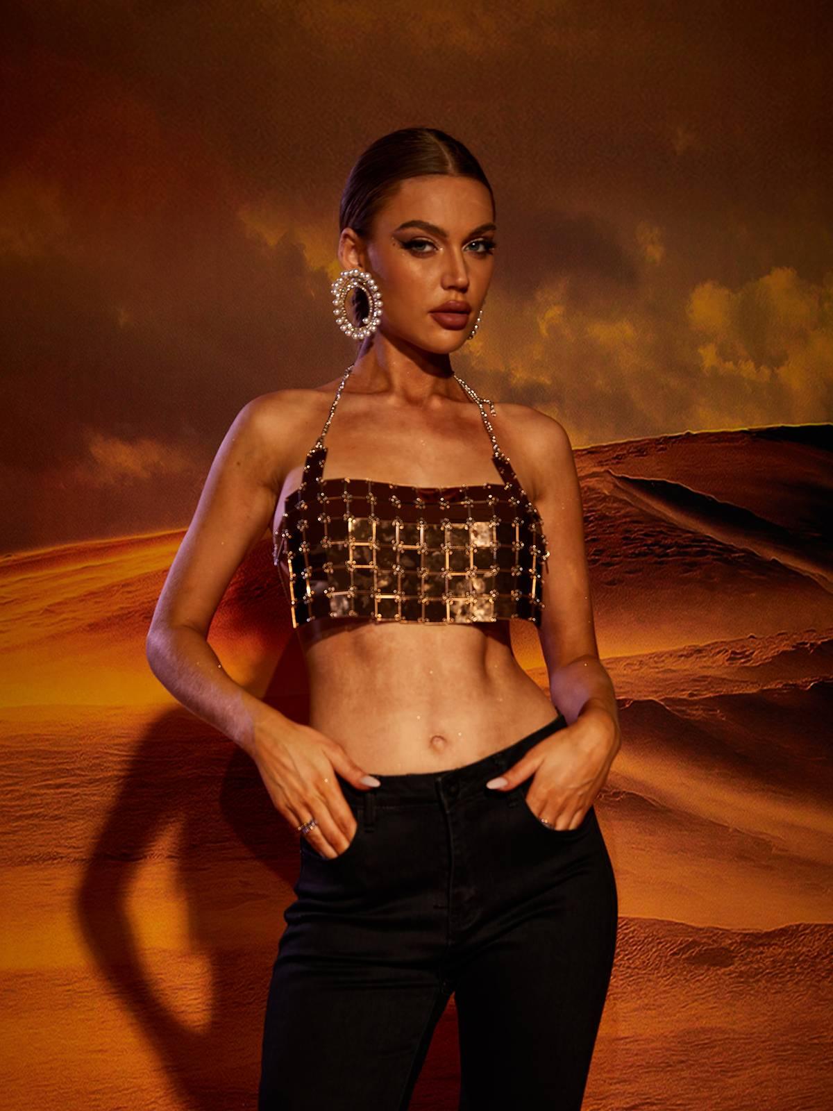 Aurora Halterneck Chainmail Top In Gold-Mix MIx Style