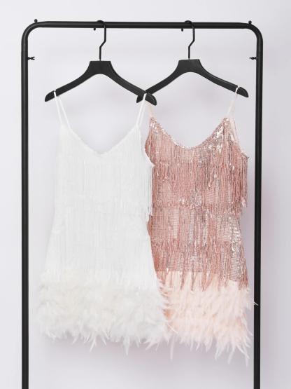Austyn Tassel Feather Mini Dress In White-Mix MIx Style