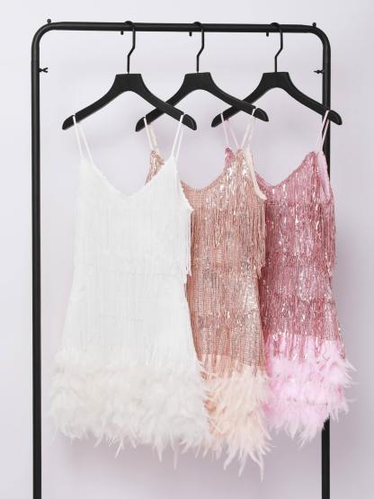 Austyn Tassel Feather Mini Dress In Champagne-Mix MIx Style
