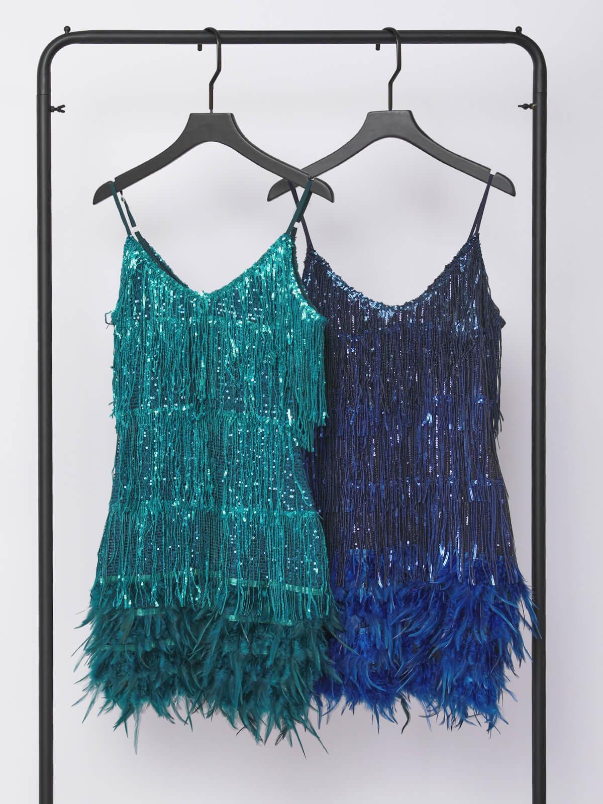 Austyn Tassel Feather Mini Dress In Emerald-Mix MIx Style