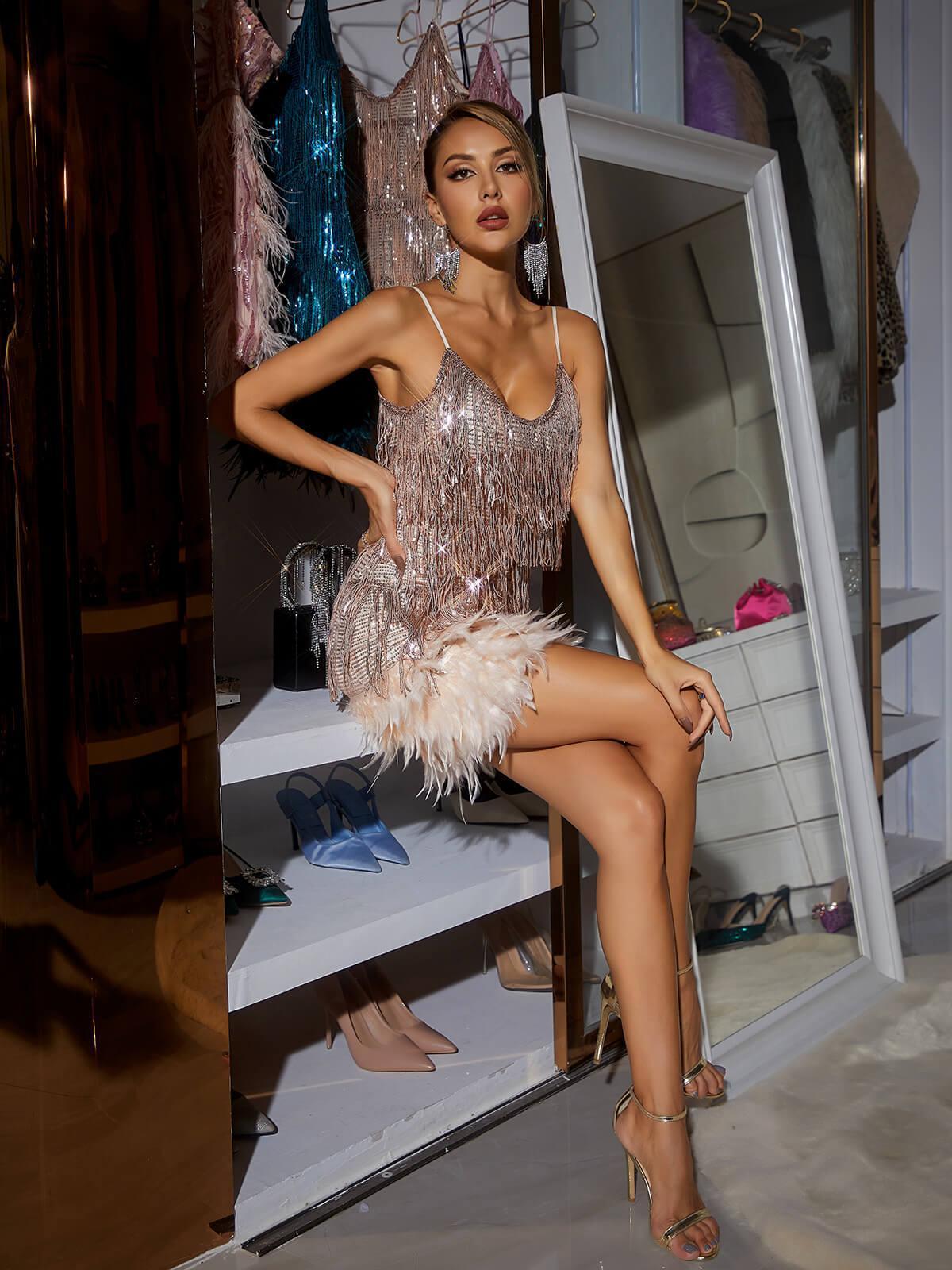 Austyn Tassel Feather Mini Dress In Champagne-Mix MIx Style