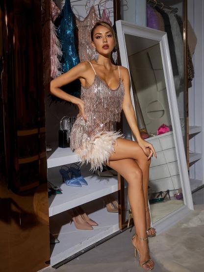 Austyn Tassel Feather Mini Dress In Champagne-Mix MIx Style