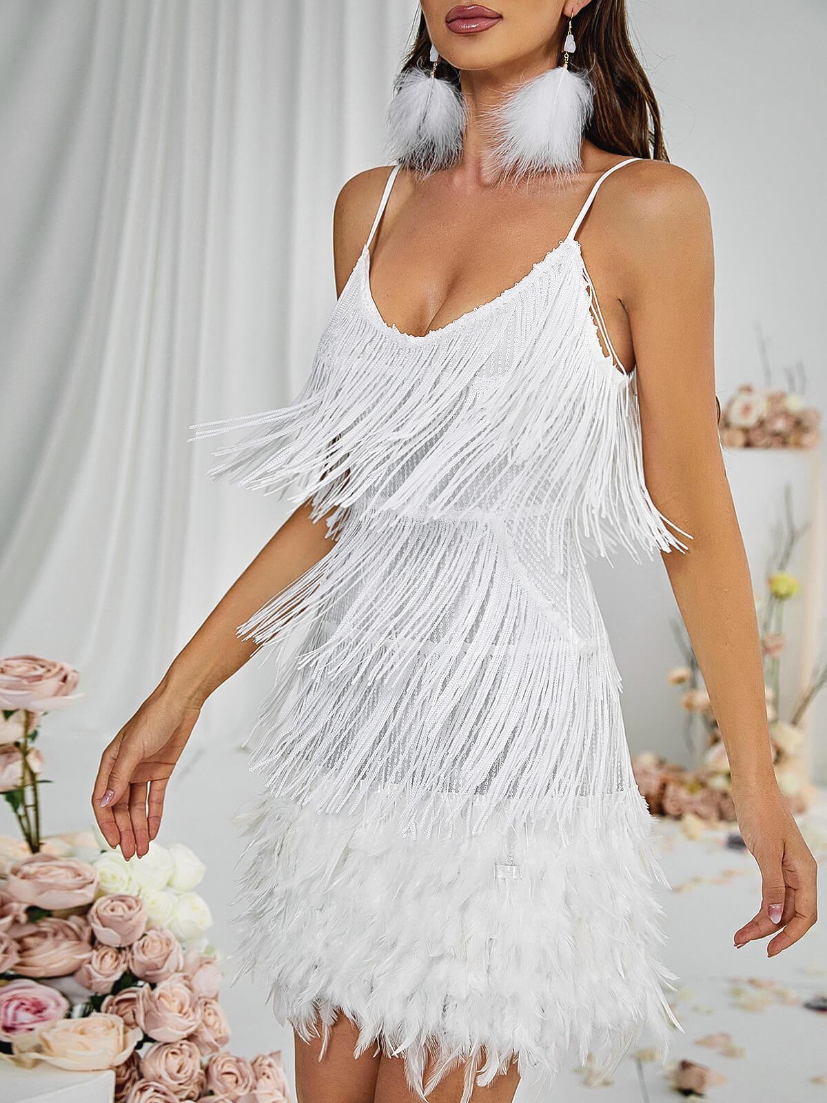 Austyn Tassel Feather Mini Dress In White-Mix MIx Style