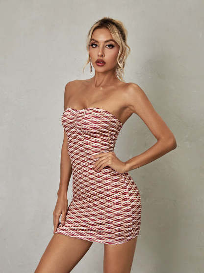 Strapless Stripe Mini Dress in Brown | Mix Mix Style [Hot Seller]-Mix MIx Style