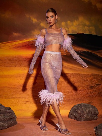 Purple See-Through Mesh Diamond Feather Trimmed Skirt & Top Set | Mix Mix Style [Hot Seller]-Mix MIx Style