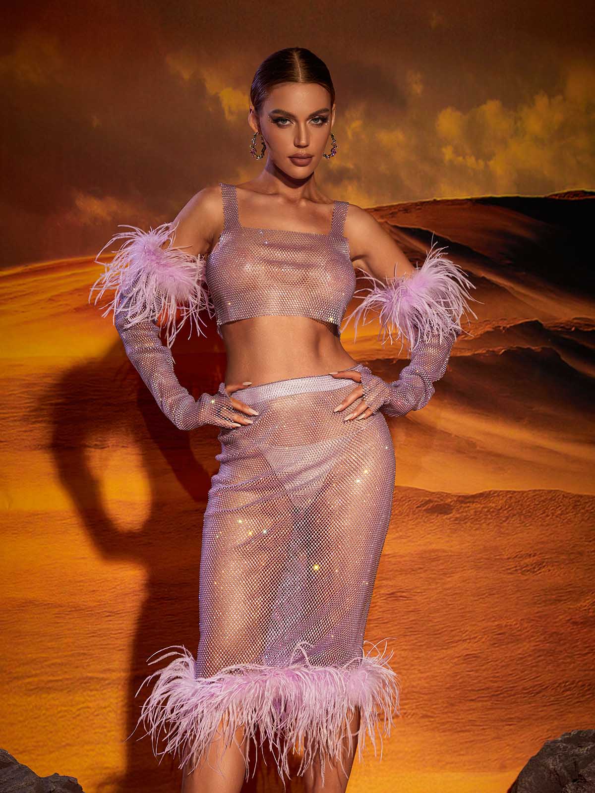 Purple See-Through Mesh Diamond Feather Trimmed Skirt & Top Set | Mix Mix Style [Hot Seller]-Mix MIx Style