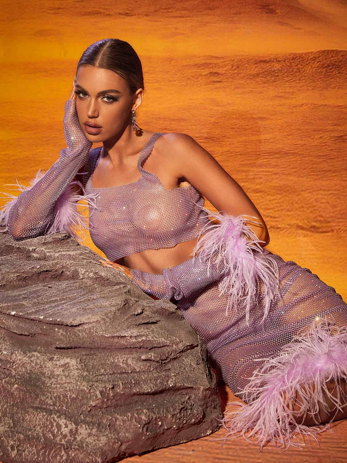 Purple See-Through Mesh Diamond Feather Trimmed Skirt & Top Set | Mix Mix Style [Hot Seller]-Mix MIx Style