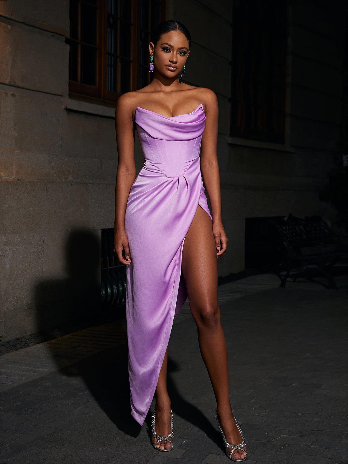 Slit Strapless Satin Maxi Dress In Violet | Mix Mix Style [Hot Seller]-Mix MIx Style