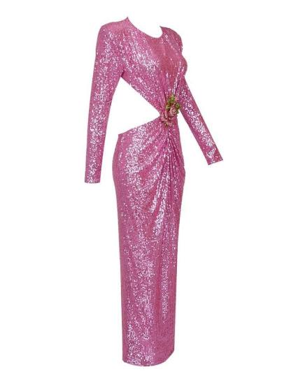 Aviva Long Sleeve Cutout Sequin Maxi Dress In Pink-Mix MIx Style