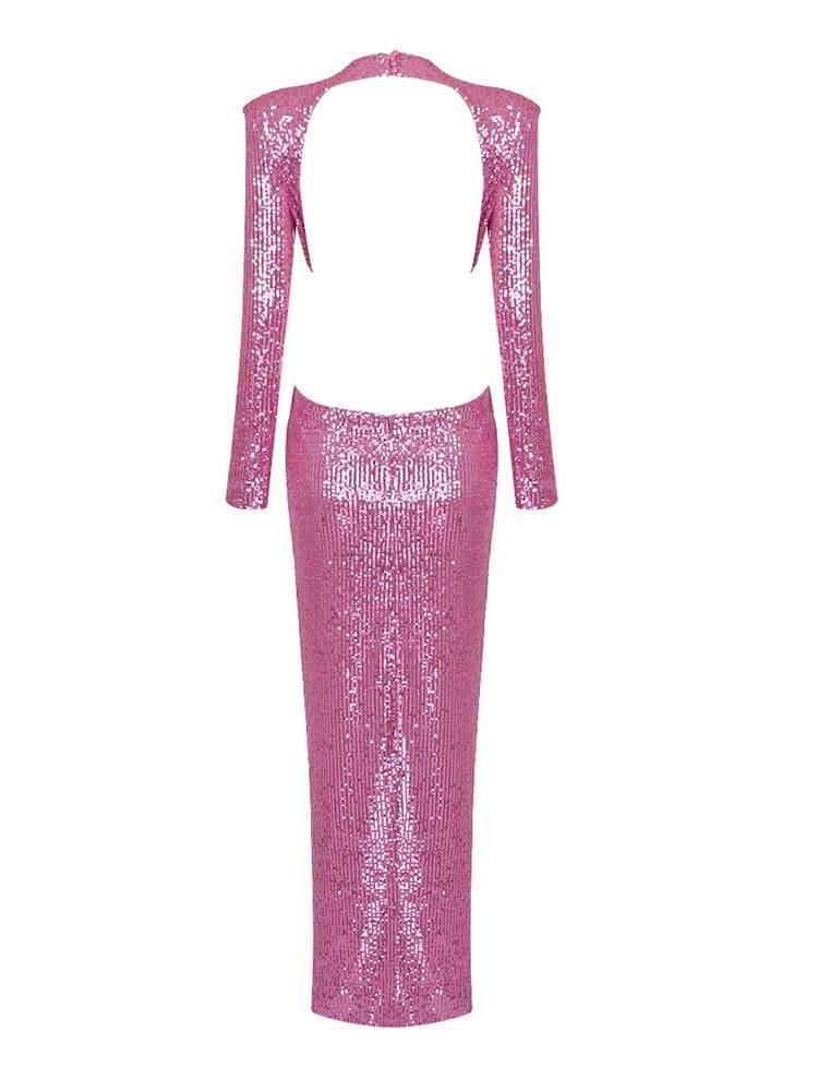 Aviva Long Sleeve Cutout Sequin Maxi Dress In Pink-Mix MIx Style