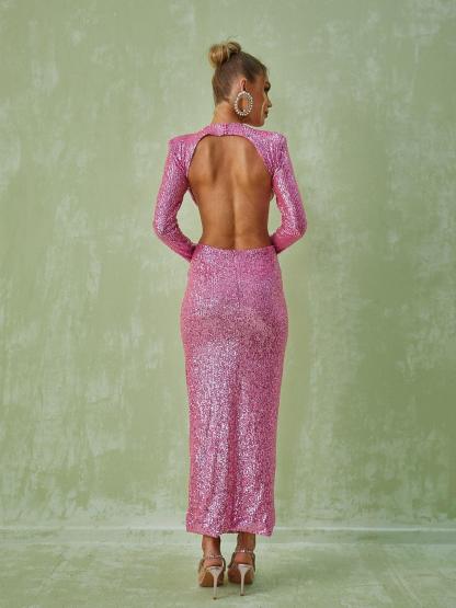 Aviva Long Sleeve Cutout Sequin Maxi Dress In Pink-Mix MIx Style