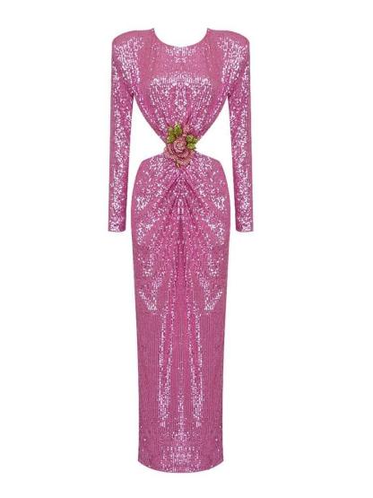 Aviva Long Sleeve Cutout Sequin Maxi Dress In Pink-Mix MIx Style