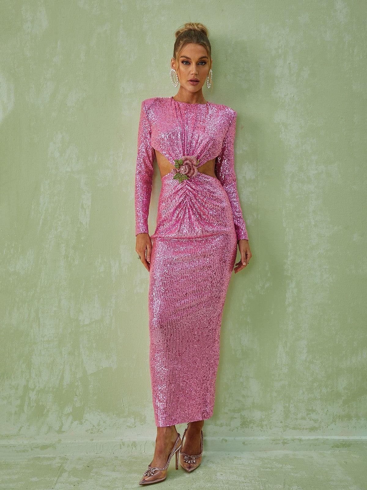 Aviva Long Sleeve Cutout Sequin Maxi Dress In Pink-Mix MIx Style