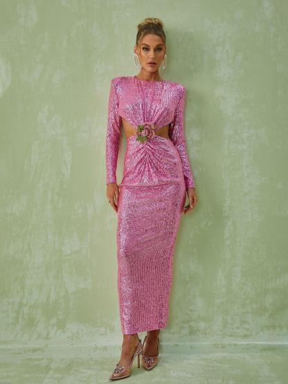 Aviva Long Sleeve Cutout Sequin Maxi Dress In Pink-Mix MIx Style