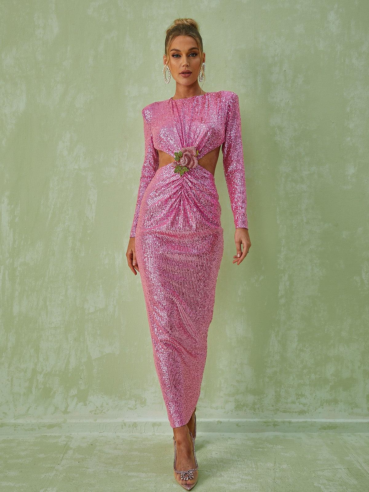 Aviva Long Sleeve Cutout Sequin Maxi Dress In Pink-Mix MIx Style