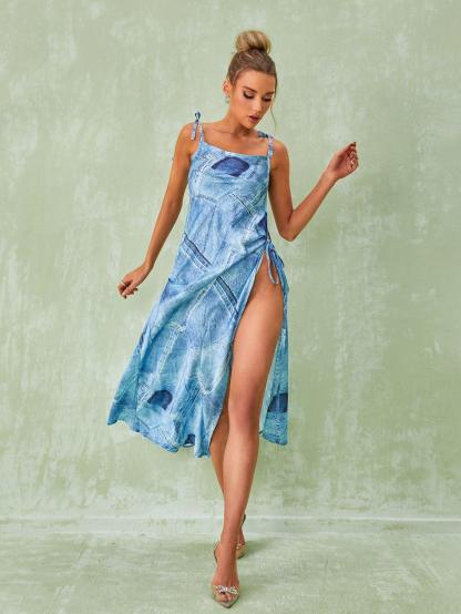 Blue Printed Pattern Satin Slit Midi Dress | Mix Mix Style [Hot Seller]-Mix MIx Style