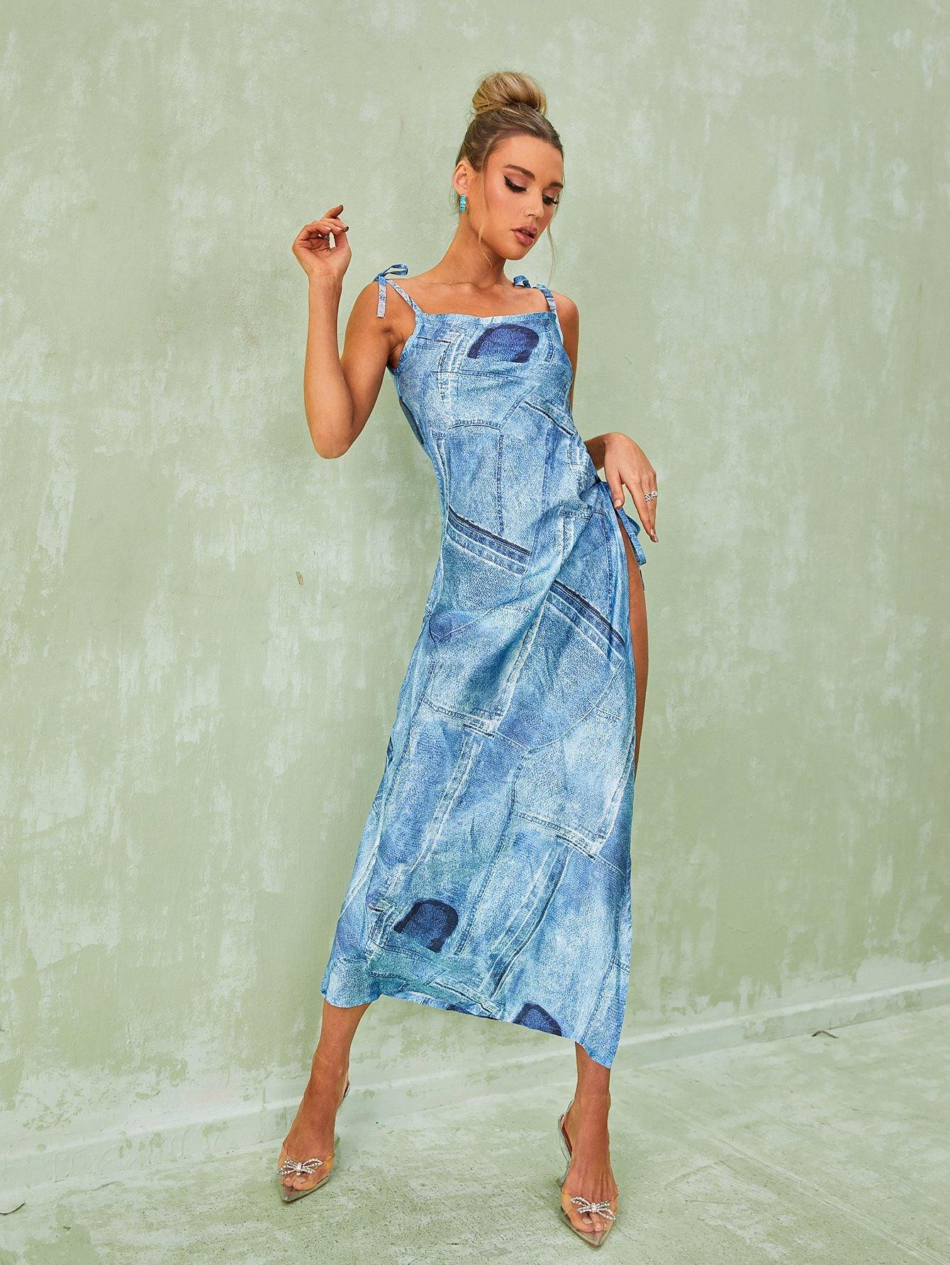 Blue Printed Pattern Satin Slit Midi Dress | Mix Mix Style [Hot Seller]-Mix MIx Style