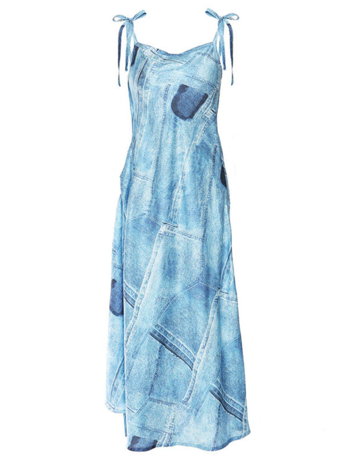 Blue Printed Pattern Satin Slit Midi Dress | Mix Mix Style [Hot Seller]-Mix MIx Style