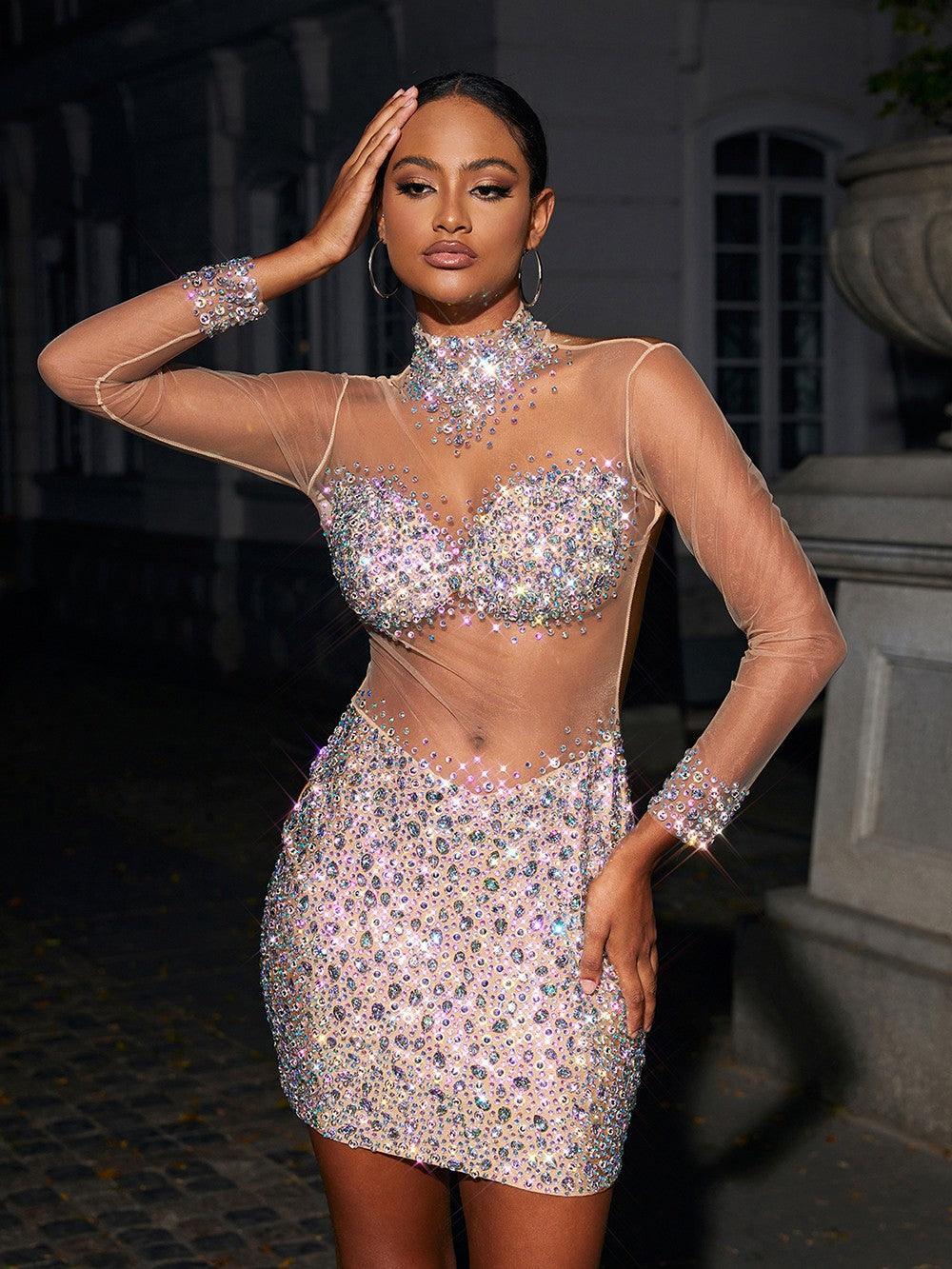 Azami Mesh Crystal Mini Dress In Silver-Mix MIx Style