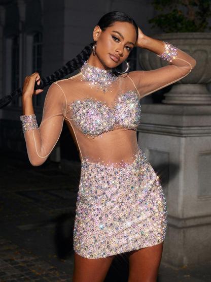 Azami Mesh Crystal Mini Dress In Silver-Mix MIx Style