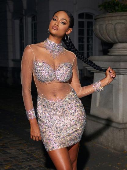 Azami Mesh Crystal Mini Dress In Silver-Mix MIx Style
