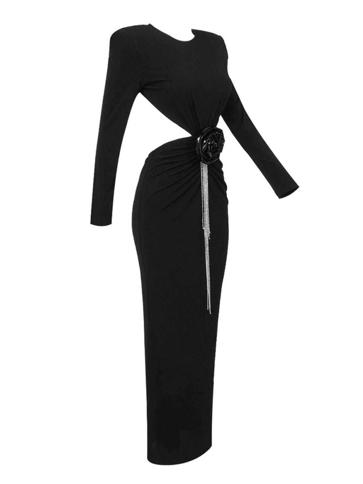 Chandani Long Sleeve Flower Fringe Midi Dress in Black-Mix MIx Style