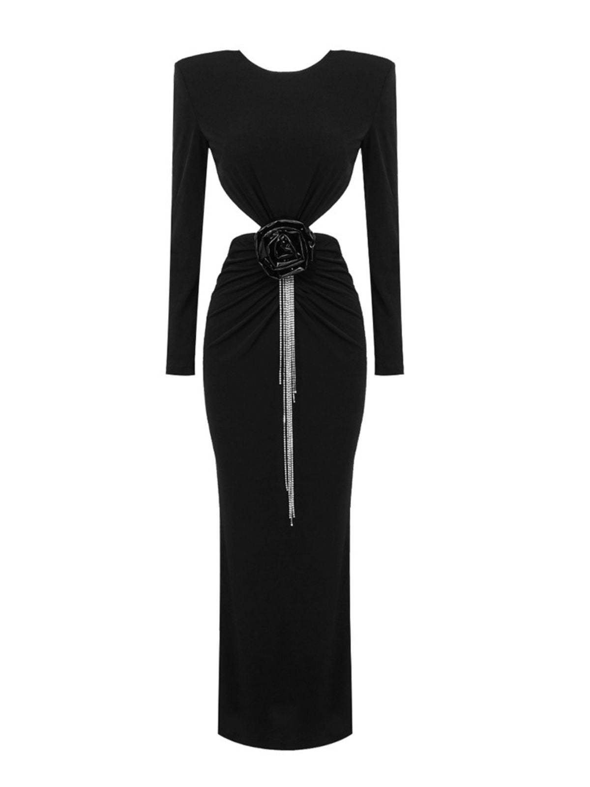 Chandani Long Sleeve Flower Fringe Midi Dress in Black-Mix MIx Style