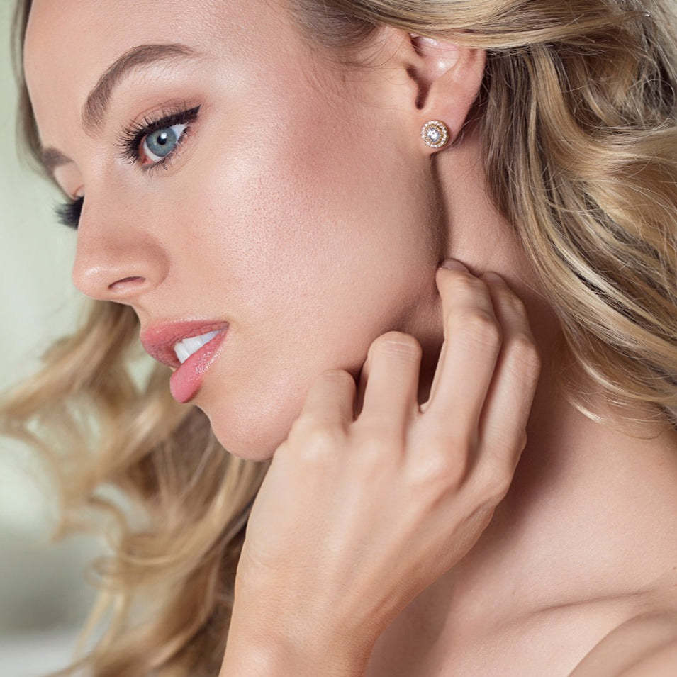 Solitaire Halo 18k Gold plated Studs | Mix Mix Style [Hot Seller]-Mix MIx Style