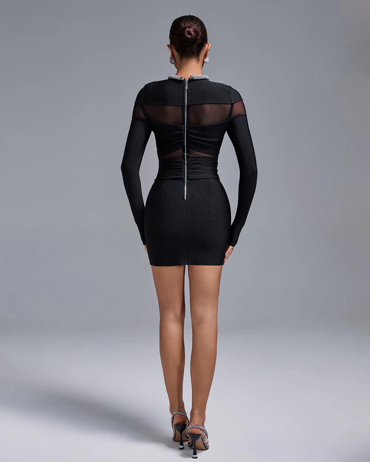 Black Long Sleeve Diamond Neck-Ring Bandage Mesh Cocktail Birthday Mini Dress | Mix Mix Style