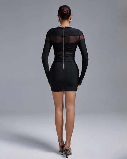 Black Long Sleeve Diamond Neck-Ring Bandage Mesh Cocktail Birthday Mini Dress | Mix Mix Style