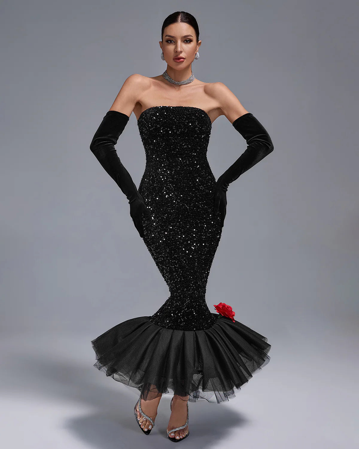 Black Strapless Full Sequins Barbie Rube Ruffle Siren Midi Dress With Gloves | Mix Mix Style