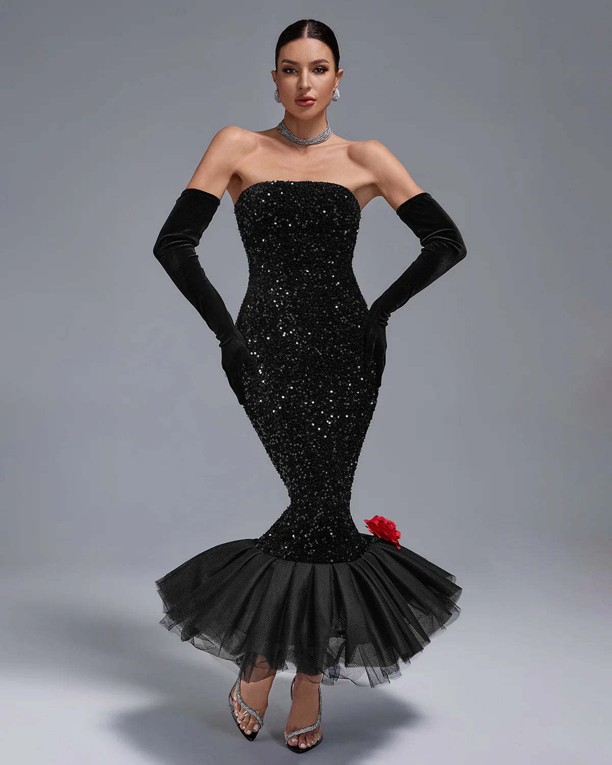 Black Strapless Full Sequins Barbie Rube Ruffle Siren Midi Dress With Gloves | Mix Mix Style-Mix MIx Style