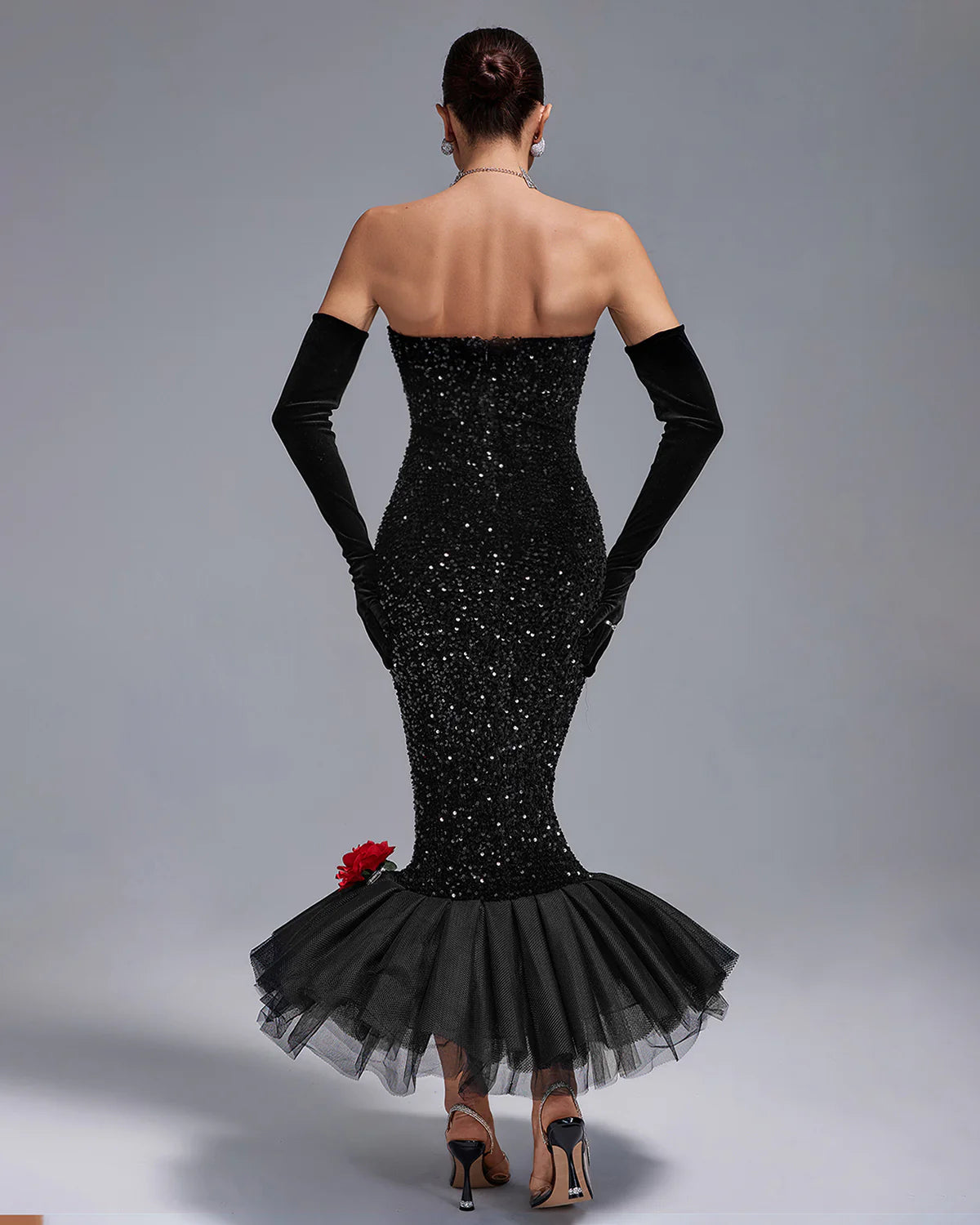 Black Strapless Full Sequins Barbie Rube Ruffle Siren Midi Dress With Gloves | Mix Mix Style
