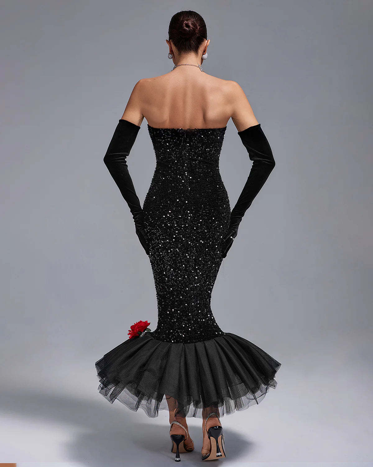 Black Strapless Full Sequins Barbie Rube Ruffle Siren Midi Dress With Gloves | Mix Mix Style