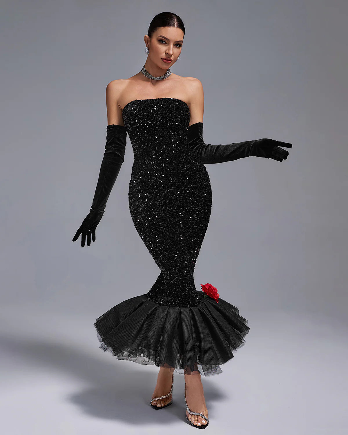 Black Strapless Full Sequins Barbie Rube Ruffle Siren Midi Dress With Gloves | Mix Mix Style