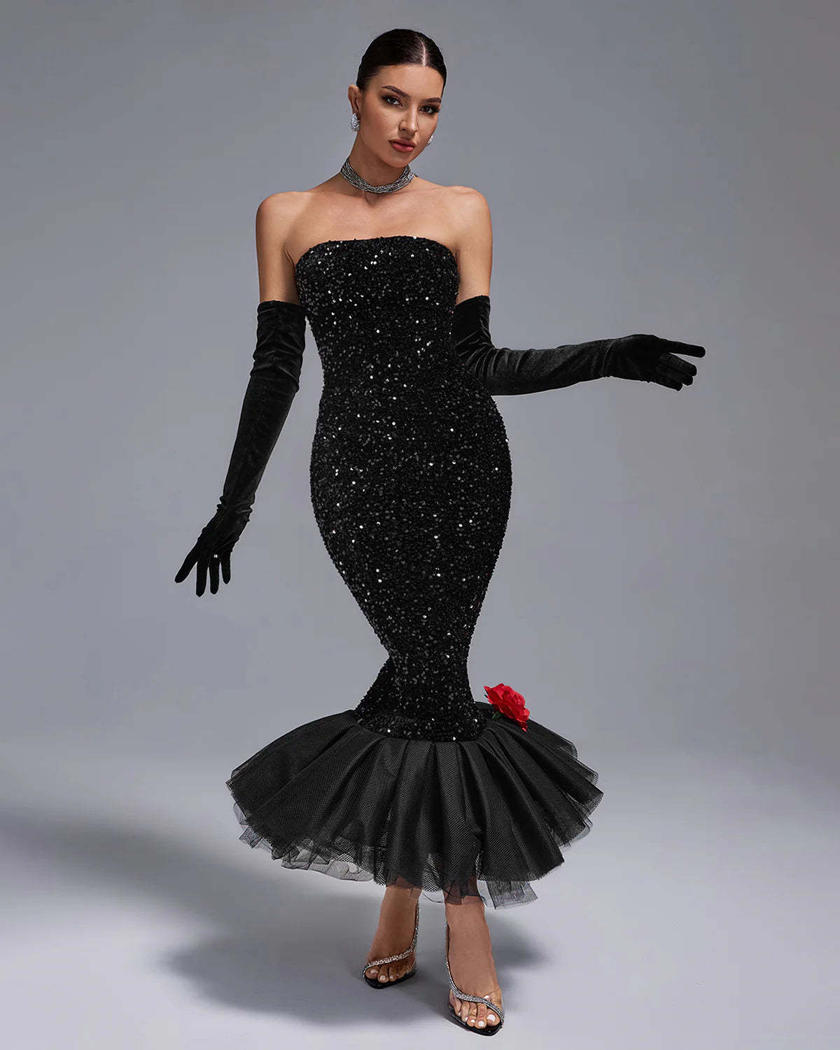 Black Strapless Full Sequins Barbie Rube Ruffle Siren Midi Dress With Gloves | Mix Mix Style
