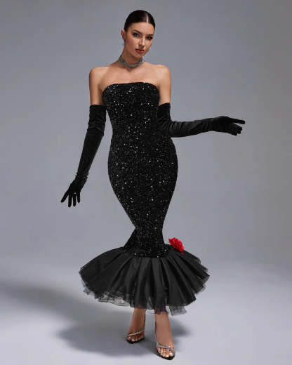 Black Strapless Full Sequins Barbie Rube Ruffle Siren Midi Dress With Gloves | Mix Mix Style