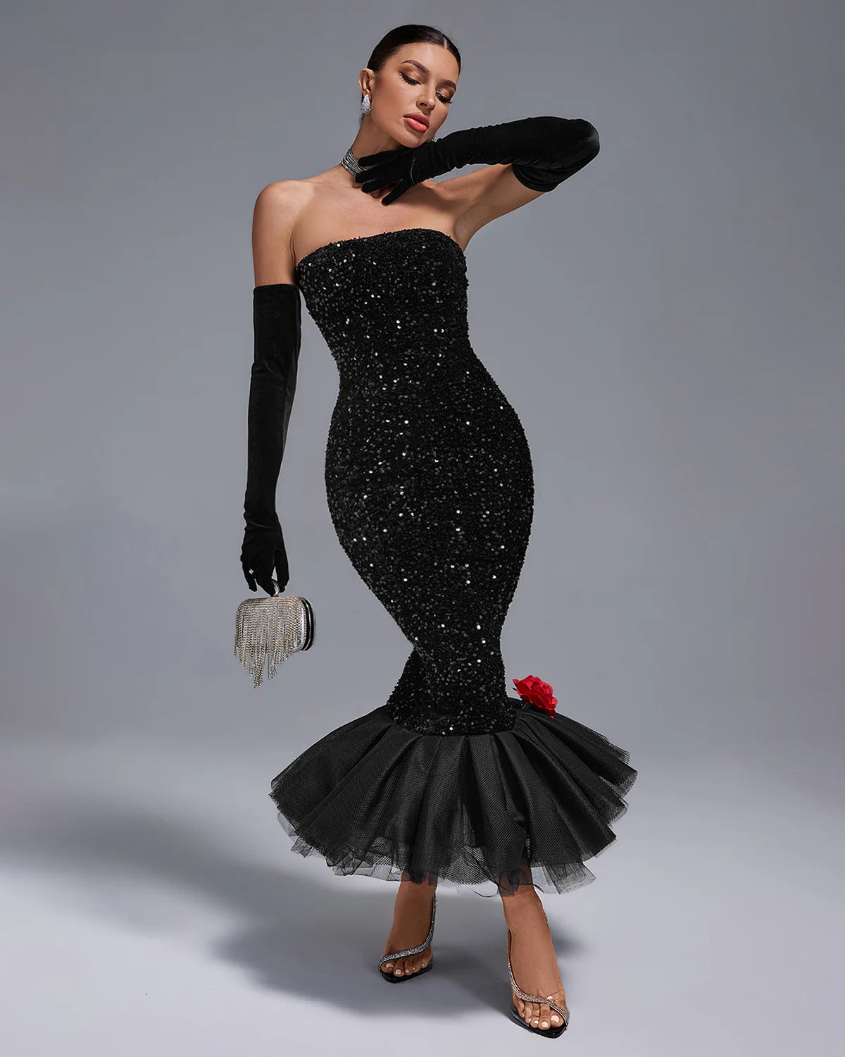 Black Strapless Full Sequins Barbie Rube Ruffle Siren Midi Dress With Gloves | Mix Mix Style
