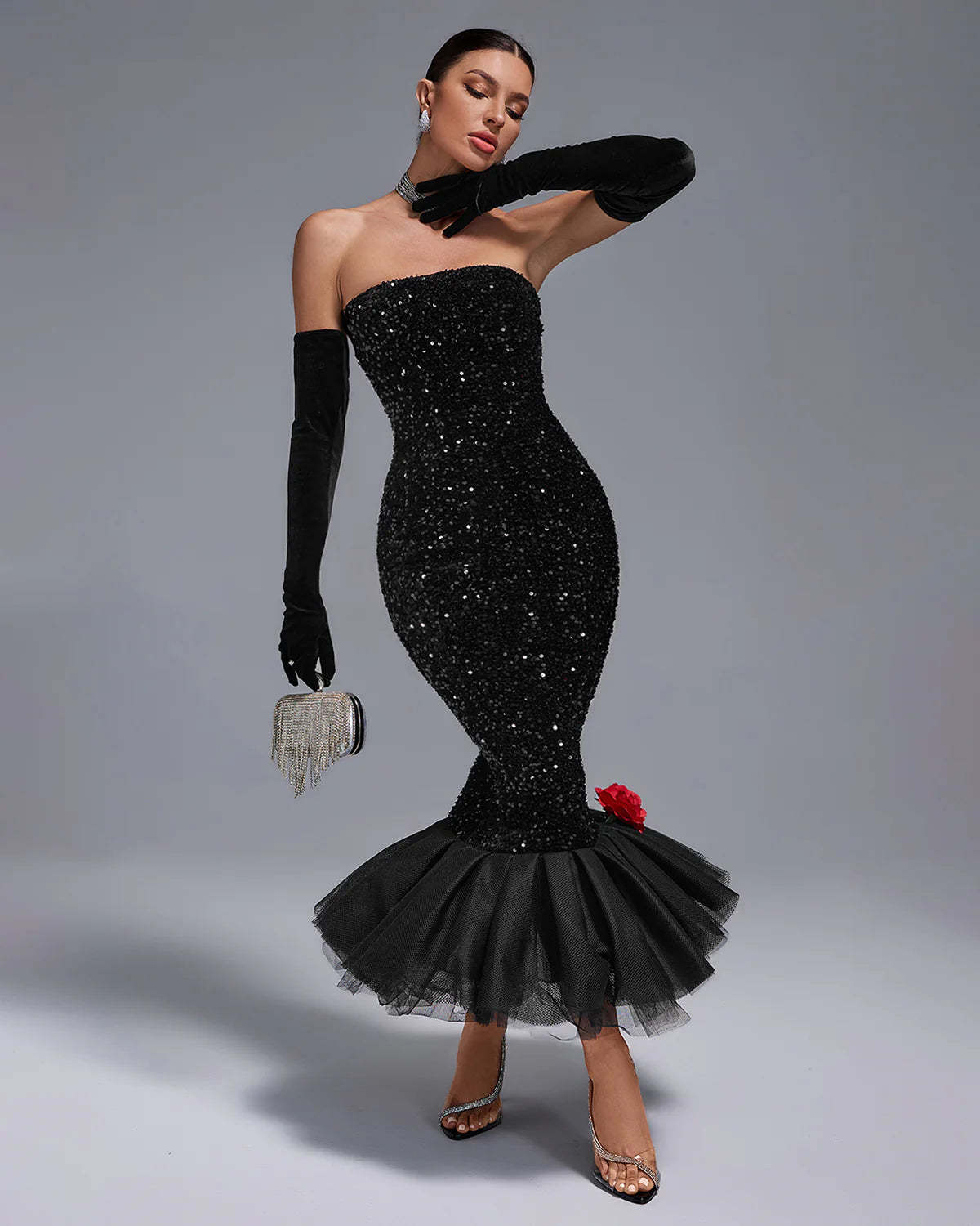 Black Strapless Full Sequins Barbie Rube Ruffle Siren Midi Dress With Gloves | Mix Mix Style